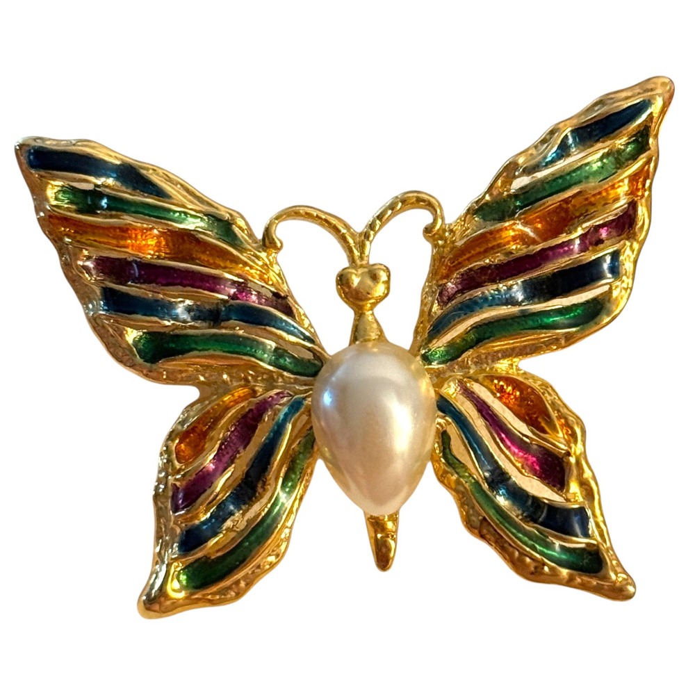 Vintage Gold Tone Multi‎ Color Enamel Butterfly Brooch Faux Pearl Accent Pin